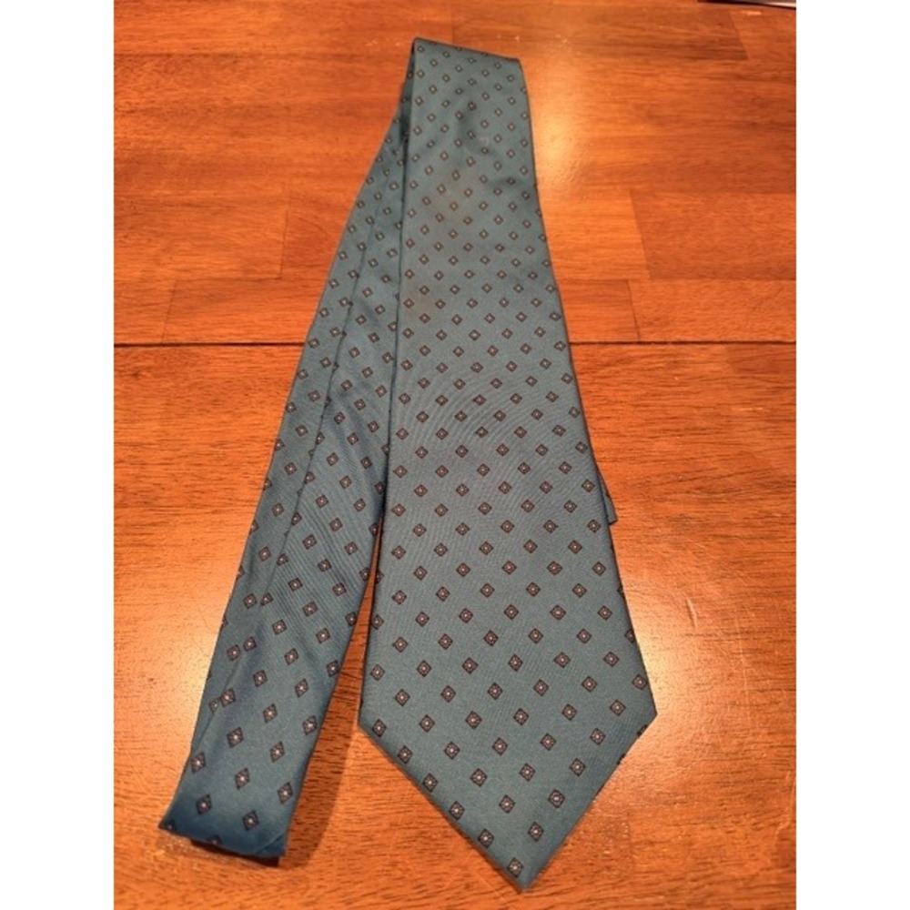 Hardy Amies London Silk Tie Teal Blue Geometric Diamond Pattern Mens Necktie